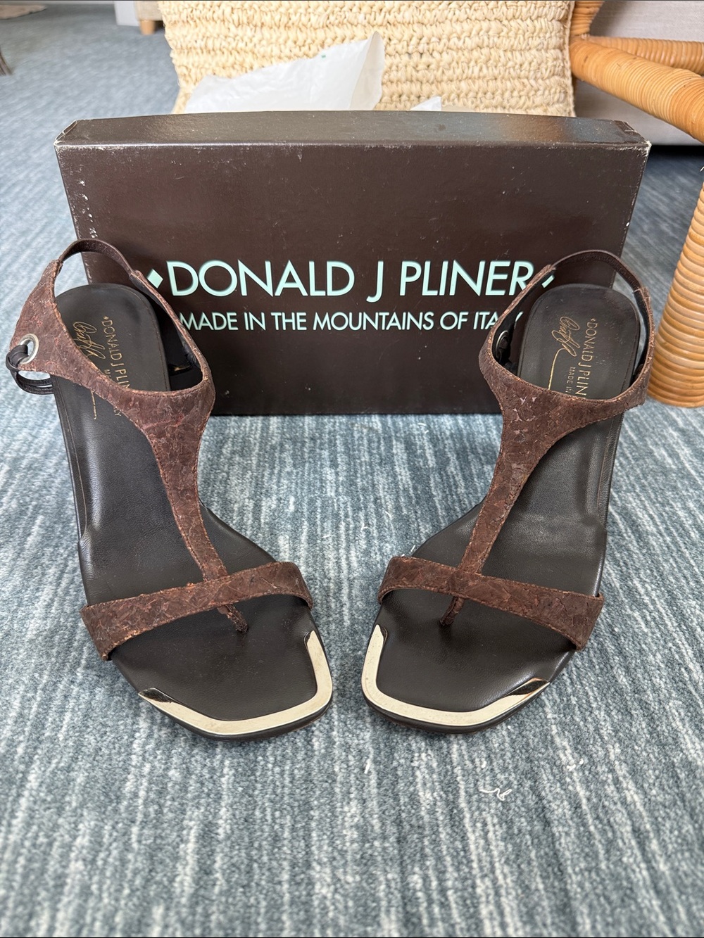 Donald J Pliner Brown Suede T-Strap Heeled Sandals